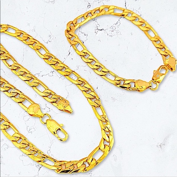 18K GOLD PLATED FIGARO NECKLACE BRACELET MATCHING SET - Picture 2 of 13